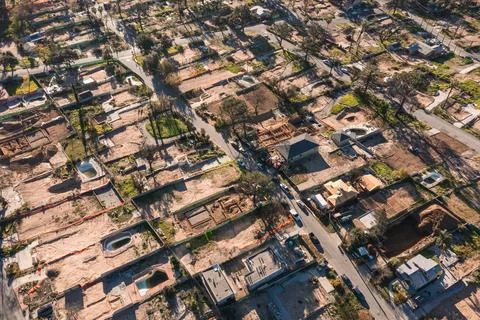 Drone view of empty lots of homes left behind from the Eaton fire Stock Photos