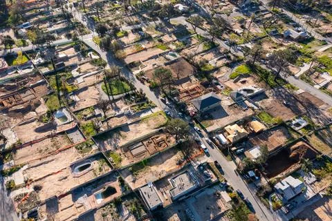 Drone view of empty lots of homes left behind from the Eaton fire Stock Photos