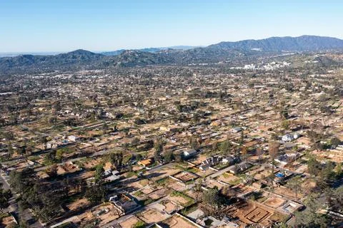 Drone view of empty lots of homes left behind from the Eaton fire Stock Photos