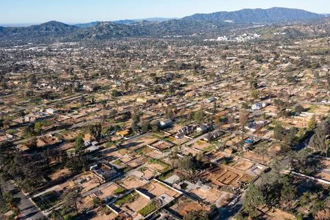 Drone view of empty lots of homes left behind from the Eaton fire Stock Photos