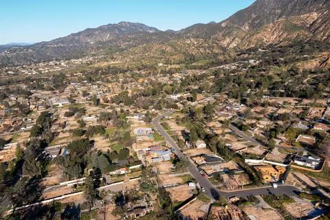 Drone view of empty lots of homes left behind from the Eaton fire Stock Photos