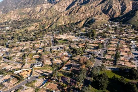 Drone view of empty lots of homes left behind from the Eaton fire Stock Photos