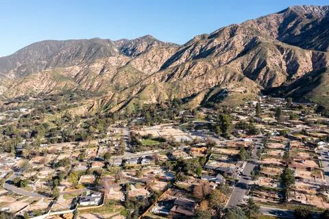 Drone view of empty lots of homes left behind from the Eaton fire Stock Photos
