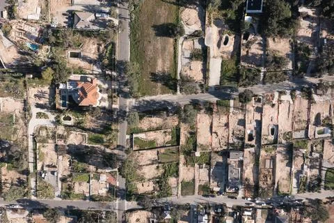 Drone view of empty lots of homes left behind from the Eaton fire Stock Photos