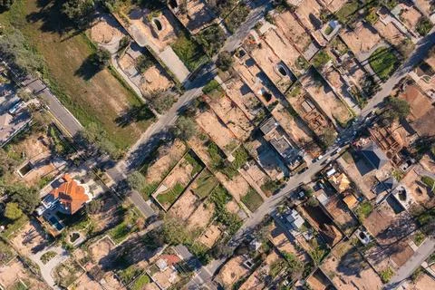 Drone view of empty lots of homes left behind from the Eaton fire Stock Photos