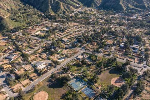 Drone view of empty lots of homes left behind from the Eaton fire Stock Photos