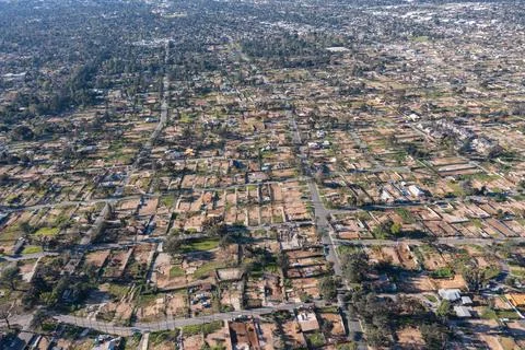 Drone view of empty lots of homes left behind from the Eaton fire Stock Photos