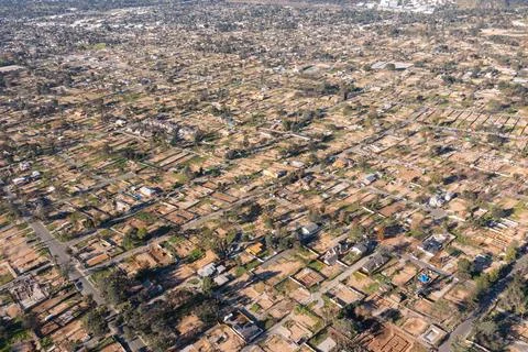 Drone view of empty lots of homes left behind from the Eaton fire Stock Photos