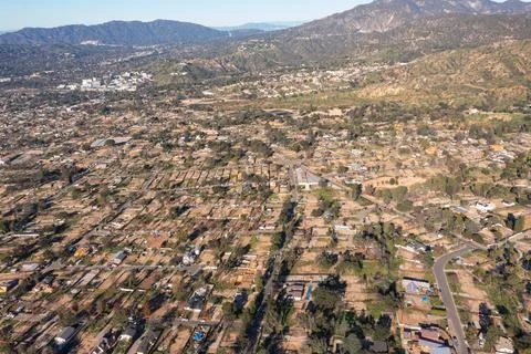 Drone view of empty lots of homes left behind from the Eaton fire Fotos de archivo