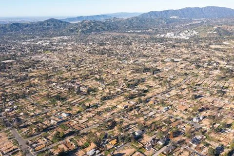 Drone view of empty lots of homes left behind from the Eaton fire Stock Photos