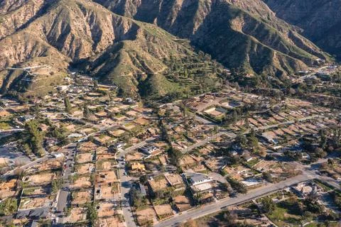 Drone view of empty lots of homes left behind from the Eaton fire Stock Photos