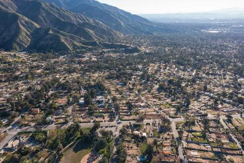 Drone view of empty lots of homes left behind from the Eaton fire Stock Photos