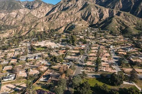 Drone view of empty lots of homes left behind from the Eaton fire Stock Photos