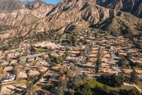 Drone view of empty lots of homes left behind from the Eaton fire Stock Photos