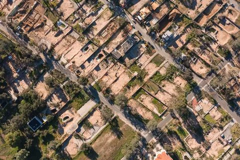 Drone view of empty lots of homes left behind from the Eaton fire Stock Photos