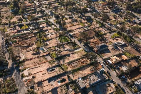 Drone view of empty lots of homes left behind from the Eaton fire Stock Photos