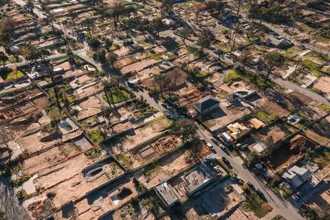 Drone view of empty lots of homes left behind from the Eaton fire Stock Photos