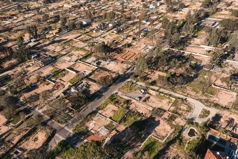 Drone view of empty lots of homes left behind from the Eaton fire Stock Photos