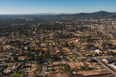 Drone view of empty lots of homes left behind from the Eaton fire Stock Photos