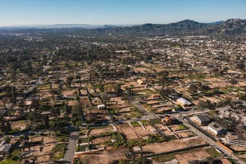 Drone view of empty lots of homes left behind from the Eaton fire Stock Photos