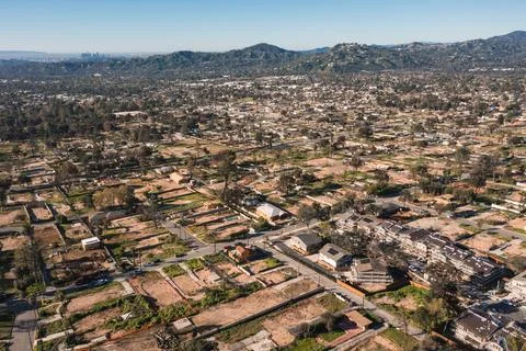 Drone view of empty lots of homes left behind from the Eaton fire Stock Photos