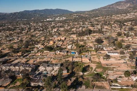Drone view of empty lots of homes left behind from the Eaton fire Stock Photos