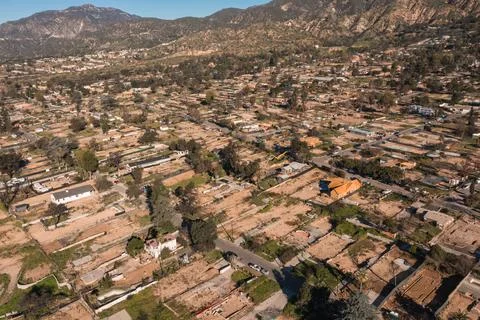 Drone view of empty lots of homes left behind from the Eaton fire Stock Photos