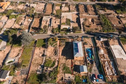 Drone view of empty lots of homes left behind from the Eaton fire Stock Photos