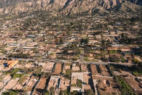 Drone view of empty lots of homes left behind from the Eaton fire Fotos de archivo