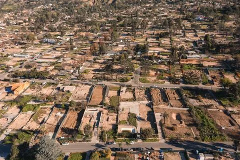 Drone view of empty lots of homes left behind from the Eaton fire Stock Photos