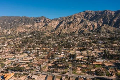 Drone view of empty lots of homes left behind from the Eaton fire Stock Photos