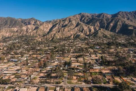 Drone view of empty lots of homes left behind from the Eaton fire Stock Photos
