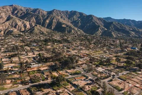 Drone view of empty lots of homes left behind from the Eaton fire Stock Photos