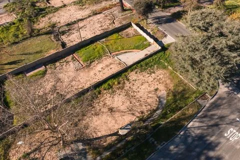 Drone view of empty lots of homes left behind from the Eaton fire Stock Photos
