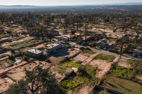 Drone view of empty lots of homes left behind from the Eaton fire Stock Photos