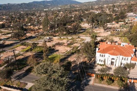 Drone view of empty lots of homes left behind from the Eaton fire Stock Photos