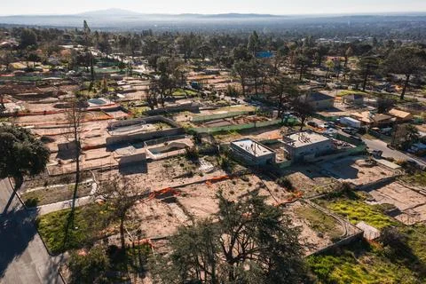 Drone view of empty lots of homes left behind from the Eaton fire Stock Photos