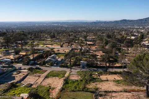 Drone view of empty lots of homes left behind from the Eaton fire Fotos de archivo