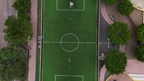 Drone view of an empty synthetic grass soccer field in the center of a park Stock Footage 280276727