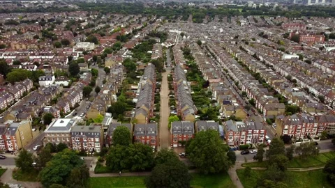 Drone view of endless streets lined with identical English houses. Stock Footage 189525502