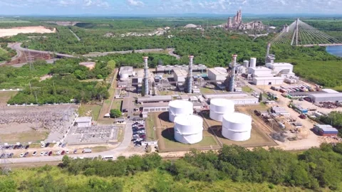 Drone view of the Energa 4 power generation facility, fuel storage tanks Stock Footage 318145212