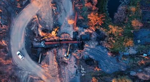 Drone view of engineers installing utilities under temporary detour Stock Photos