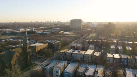 Drone View of Englewood Neighborhood at Sunrise in Chicago, Illinois Stock Footage