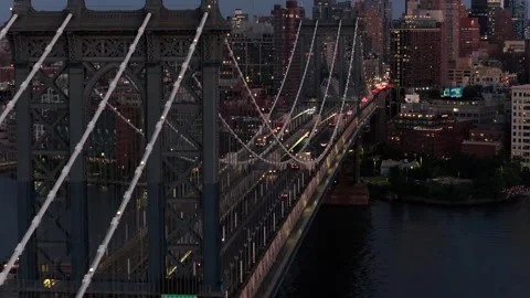 Drone View of Evening Traffic on the Brooklyn Bridge, New York City Stock Footage 323709750