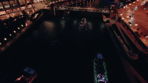 Drone view of Exciting the Boat Night Party in Chicago, USA Stock Footage 320943042