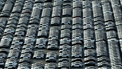 Drone view of an expansive vehicle storage yard. Stock Footage 334315895