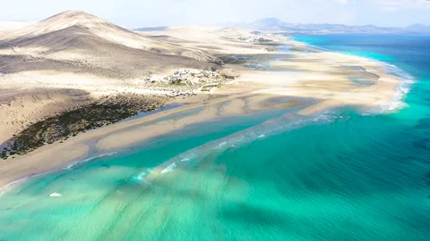 Drone view of exposed sand at low tide at Sotavento Beach. Stock Footage 284388083