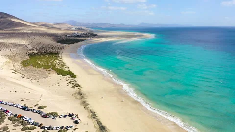 Drone view of exposed sand at low tide at Sotavento Beach. Stock Footage 284388629