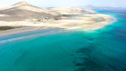 Drone view of exposed sand at low tide at Sotavento Beach. Stock Footage 284389319