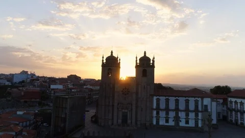 Drone view facade se do Porto at sunrise Stock Footage 107520375